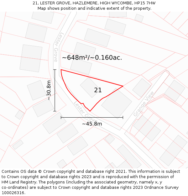 21, LESTER GROVE, HAZLEMERE, HIGH WYCOMBE, HP15 7HW: Plot and title map