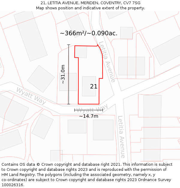 21, LETITIA AVENUE, MERIDEN, COVENTRY, CV7 7SG: Plot and title map