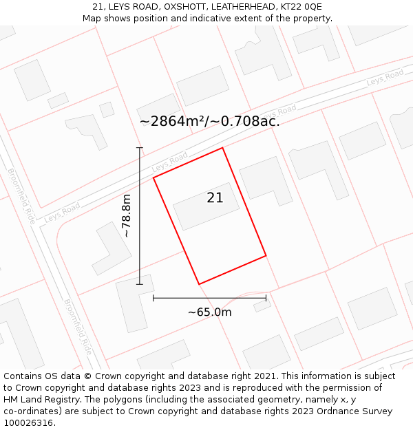 21, LEYS ROAD, OXSHOTT, LEATHERHEAD, KT22 0QE: Plot and title map