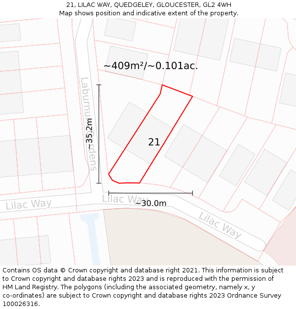 21, LILAC WAY, QUEDGELEY, GLOUCESTER, GL2 4WH: Plot and title map
