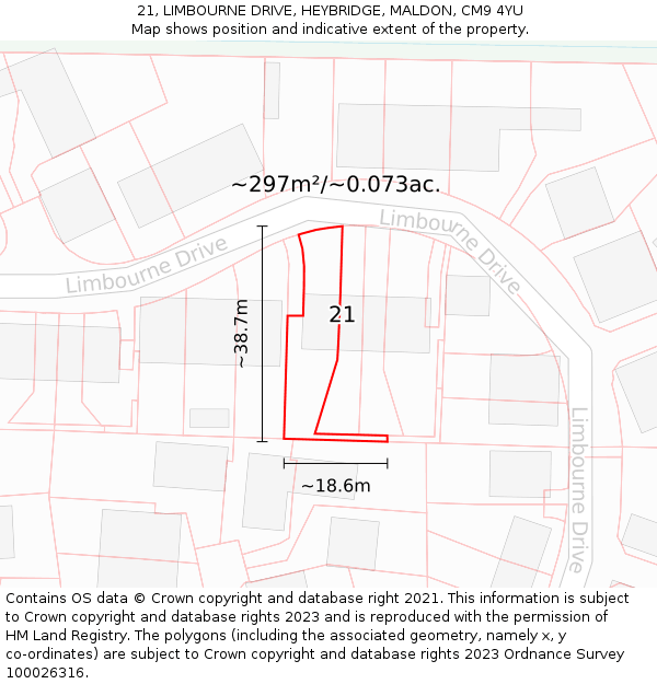 21, LIMBOURNE DRIVE, HEYBRIDGE, MALDON, CM9 4YU: Plot and title map