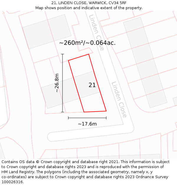 21, LINDEN CLOSE, WARWICK, CV34 5RF: Plot and title map