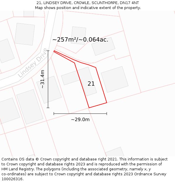 21, LINDSEY DRIVE, CROWLE, SCUNTHORPE, DN17 4NT: Plot and title map