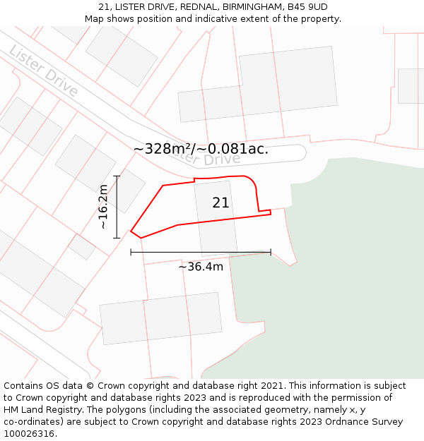 21, LISTER DRIVE, REDNAL, BIRMINGHAM, B45 9UD: Plot and title map