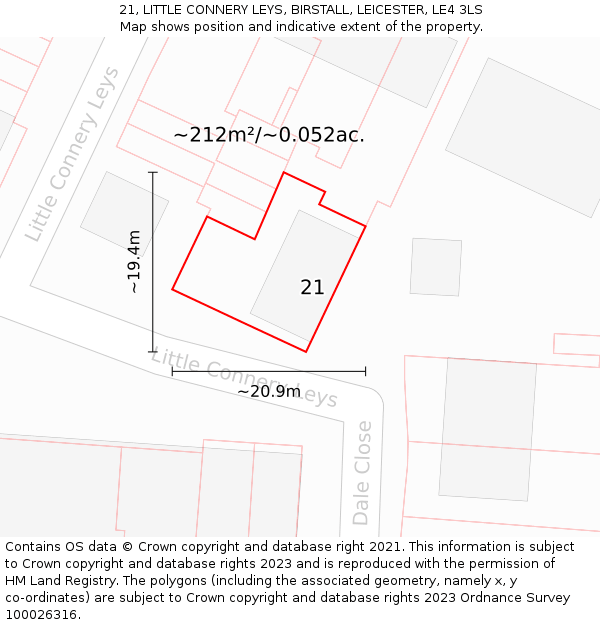 21, LITTLE CONNERY LEYS, BIRSTALL, LEICESTER, LE4 3LS: Plot and title map