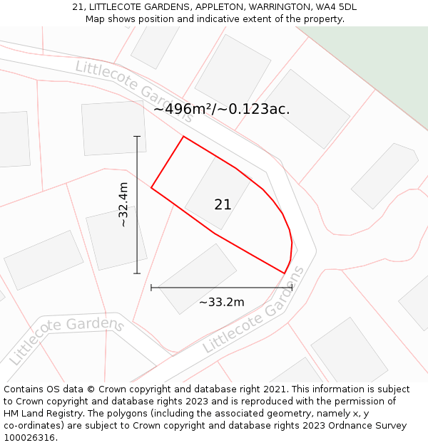 21, LITTLECOTE GARDENS, APPLETON, WARRINGTON, WA4 5DL: Plot and title map