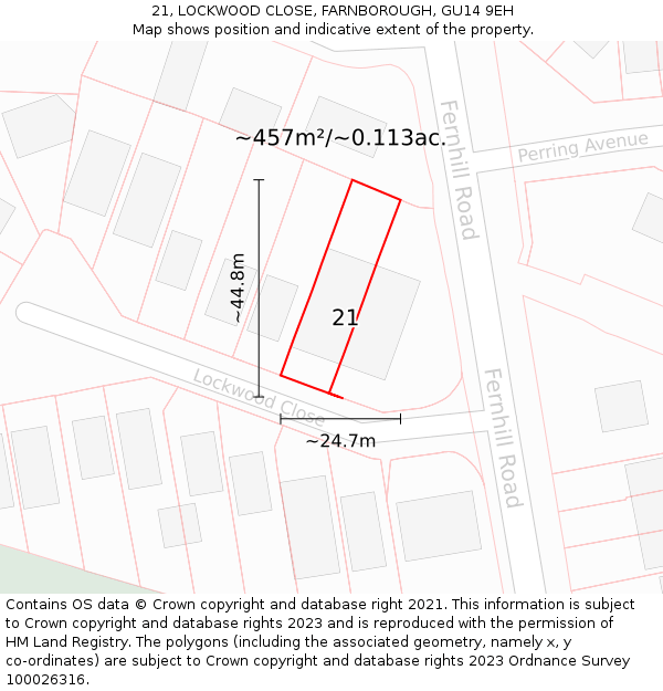 21, LOCKWOOD CLOSE, FARNBOROUGH, GU14 9EH: Plot and title map