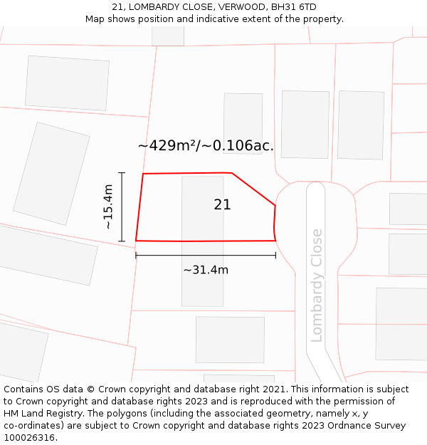 21, LOMBARDY CLOSE, VERWOOD, BH31 6TD: Plot and title map