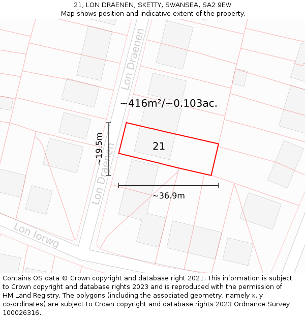 21, LON DRAENEN, SKETTY, SWANSEA, SA2 9EW: Plot and title map