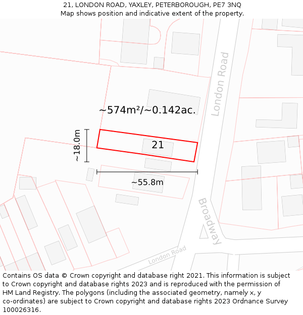 21, LONDON ROAD, YAXLEY, PETERBOROUGH, PE7 3NQ: Plot and title map