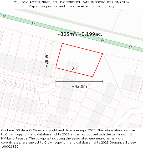 21, LONG ACRES DRIVE, IRTHLINGBOROUGH, WELLINGBOROUGH, NN9 5UW: Plot and title map