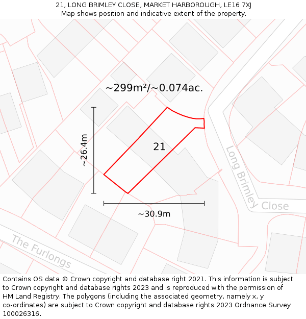 21, LONG BRIMLEY CLOSE, MARKET HARBOROUGH, LE16 7XJ: Plot and title map