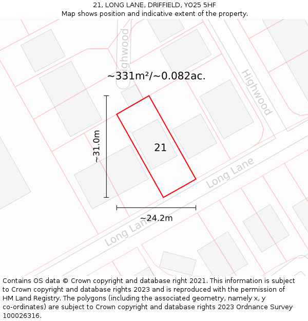 21, LONG LANE, DRIFFIELD, YO25 5HF: Plot and title map