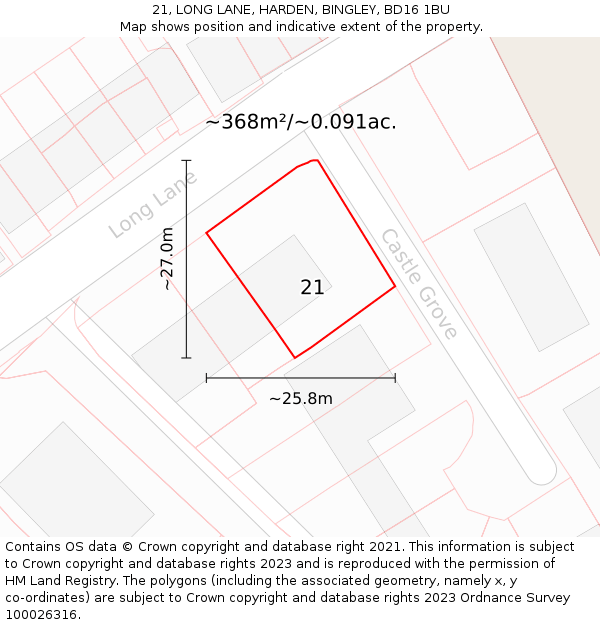 21, LONG LANE, HARDEN, BINGLEY, BD16 1BU: Plot and title map