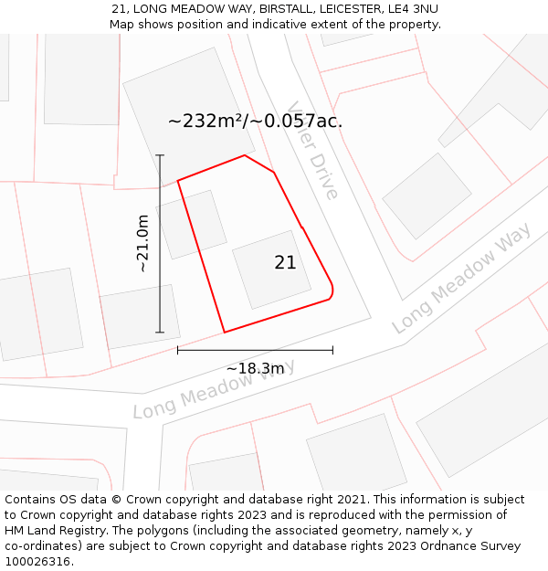 21, LONG MEADOW WAY, BIRSTALL, LEICESTER, LE4 3NU: Plot and title map