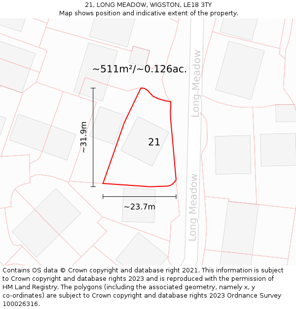 21, LONG MEADOW, WIGSTON, LE18 3TY: Plot and title map