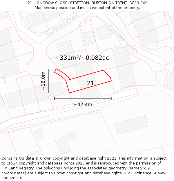 21, LONGBOW CLOSE, STRETTON, BURTON-ON-TRENT, DE13 0XY: Plot and title map