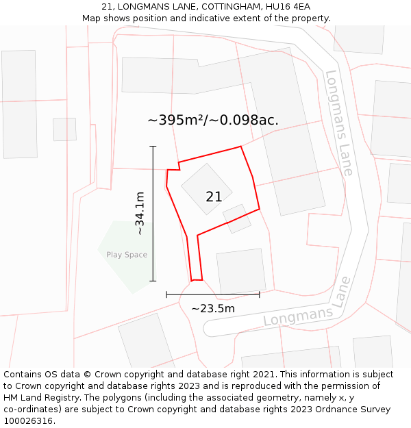 21, LONGMANS LANE, COTTINGHAM, HU16 4EA: Plot and title map