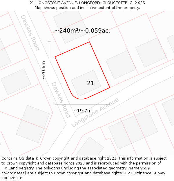 21, LONGSTONE AVENUE, LONGFORD, GLOUCESTER, GL2 9FS: Plot and title map