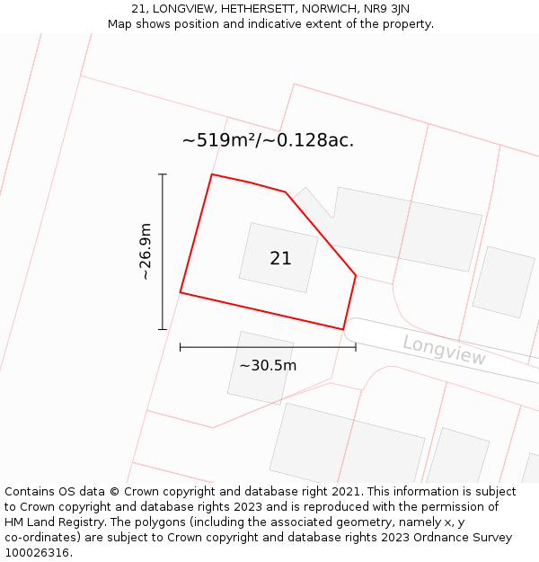 21, LONGVIEW, HETHERSETT, NORWICH, NR9 3JN: Plot and title map