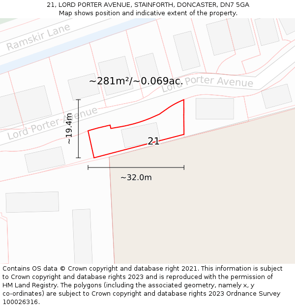 21, LORD PORTER AVENUE, STAINFORTH, DONCASTER, DN7 5GA: Plot and title map