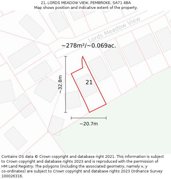21, LORDS MEADOW VIEW, PEMBROKE, SA71 4BA: Plot and title map