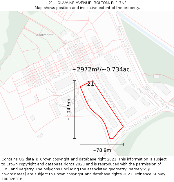 21, LOUVAINE AVENUE, BOLTON, BL1 7NF: Plot and title map