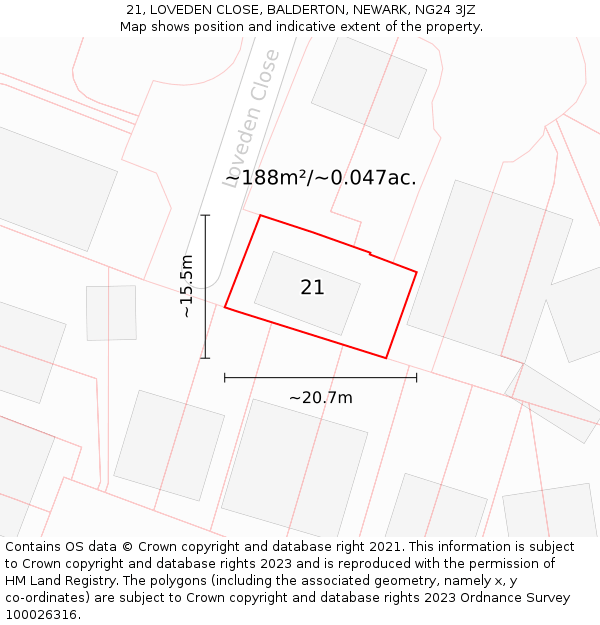 21, LOVEDEN CLOSE, BALDERTON, NEWARK, NG24 3JZ: Plot and title map