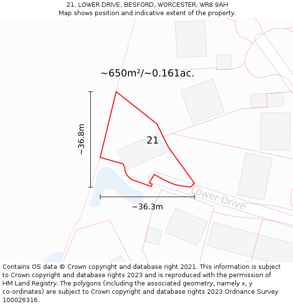 21, LOWER DRIVE, BESFORD, WORCESTER, WR8 9AH: Plot and title map