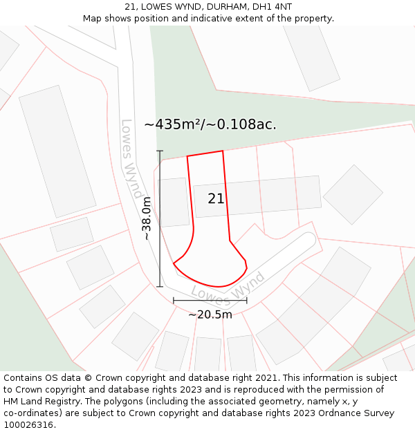 21, LOWES WYND, DURHAM, DH1 4NT: Plot and title map