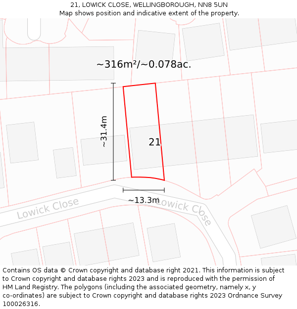 21, LOWICK CLOSE, WELLINGBOROUGH, NN8 5UN: Plot and title map