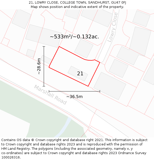 21, LOWRY CLOSE, COLLEGE TOWN, SANDHURST, GU47 0FJ: Plot and title map