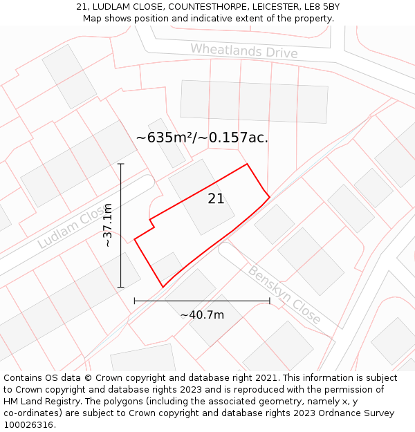 21, LUDLAM CLOSE, COUNTESTHORPE, LEICESTER, LE8 5BY: Plot and title map