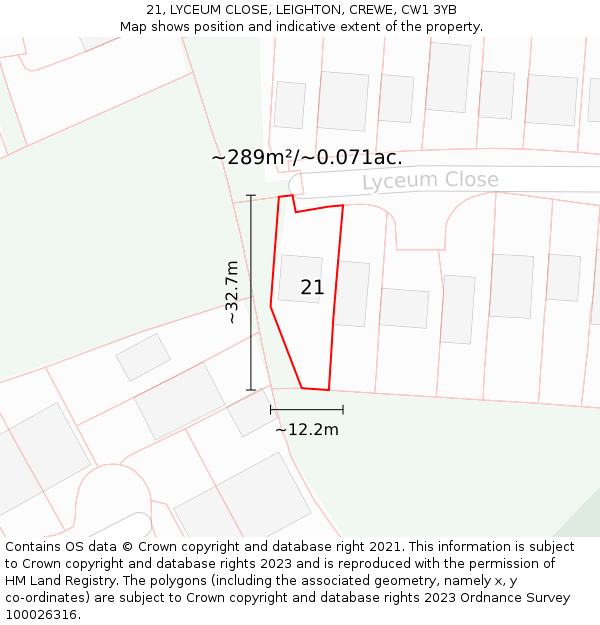 21, LYCEUM CLOSE, LEIGHTON, CREWE, CW1 3YB: Plot and title map