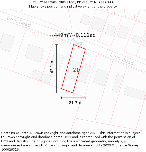 21, LYNN ROAD, GRIMSTON, KING'S LYNN, PE32 1AA: Plot and title map