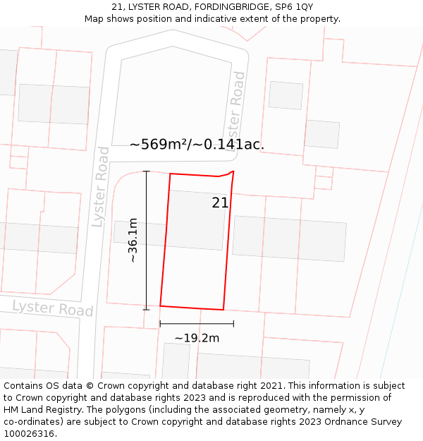 21, LYSTER ROAD, FORDINGBRIDGE, SP6 1QY: Plot and title map