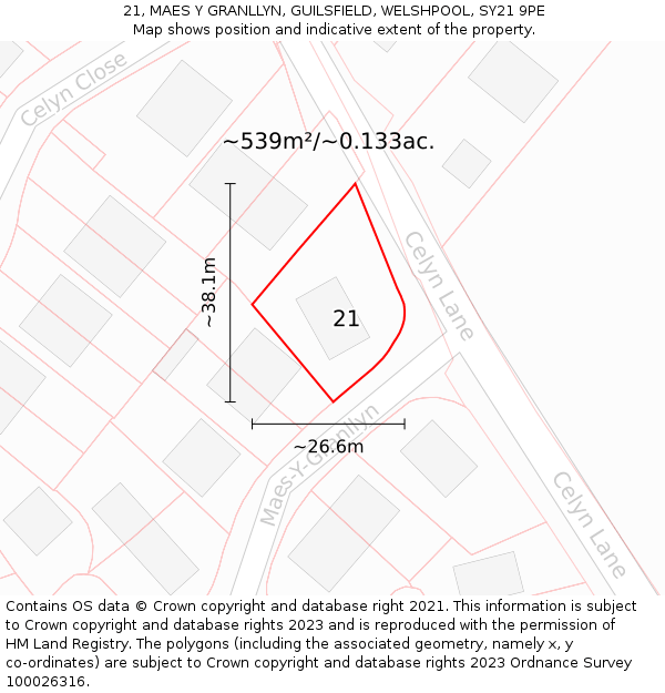 21, MAES Y GRANLLYN, GUILSFIELD, WELSHPOOL, SY21 9PE: Plot and title map