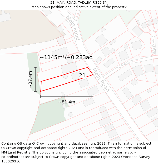 21, MAIN ROAD, TADLEY, RG26 3NJ: Plot and title map