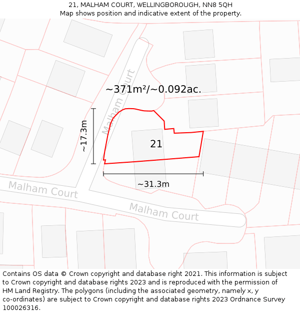 21, MALHAM COURT, WELLINGBOROUGH, NN8 5QH: Plot and title map