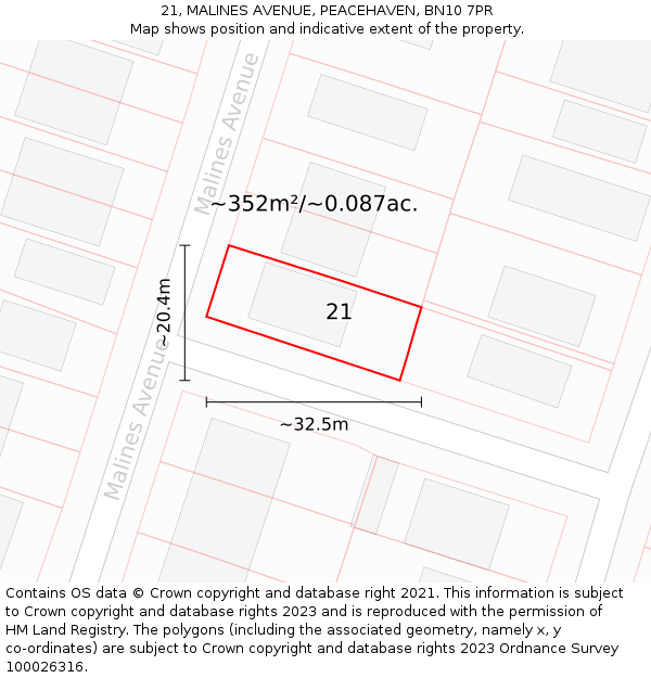 21, MALINES AVENUE, PEACEHAVEN, BN10 7PR: Plot and title map