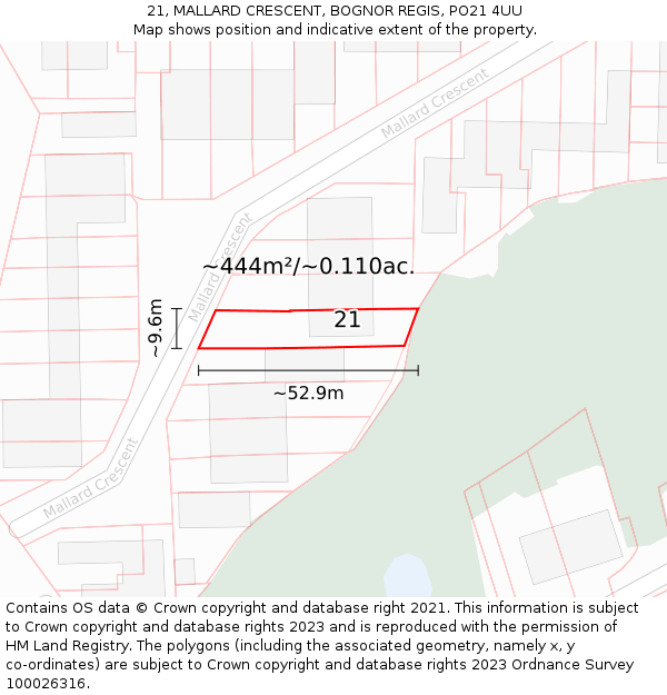 21, MALLARD CRESCENT, BOGNOR REGIS, PO21 4UU: Plot and title map