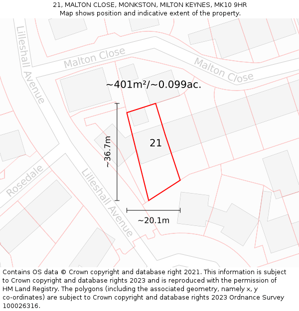 21, MALTON CLOSE, MONKSTON, MILTON KEYNES, MK10 9HR: Plot and title map