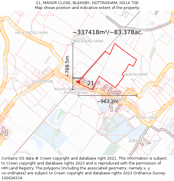 21, MANOR CLOSE, BLEASBY, NOTTINGHAM, NG14 7GE: Plot and title map