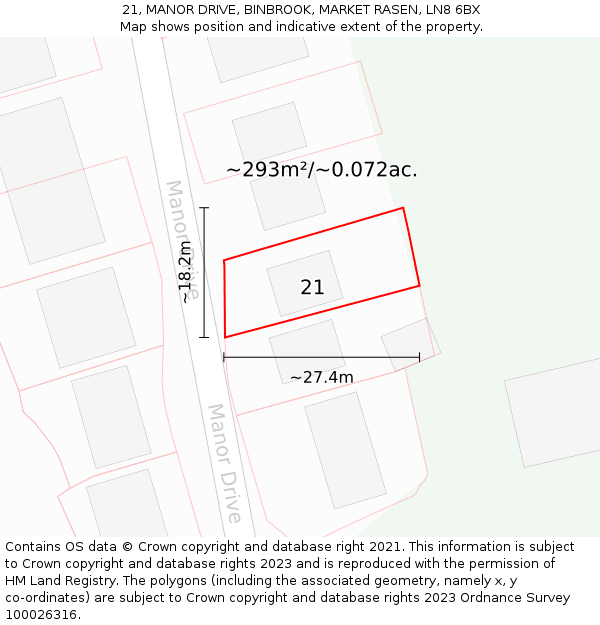 21, MANOR DRIVE, BINBROOK, MARKET RASEN, LN8 6BX: Plot and title map