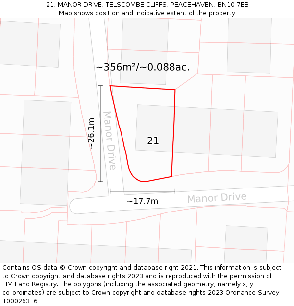 21, MANOR DRIVE, TELSCOMBE CLIFFS, PEACEHAVEN, BN10 7EB: Plot and title map