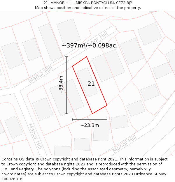 21, MANOR HILL, MISKIN, PONTYCLUN, CF72 8JP: Plot and title map