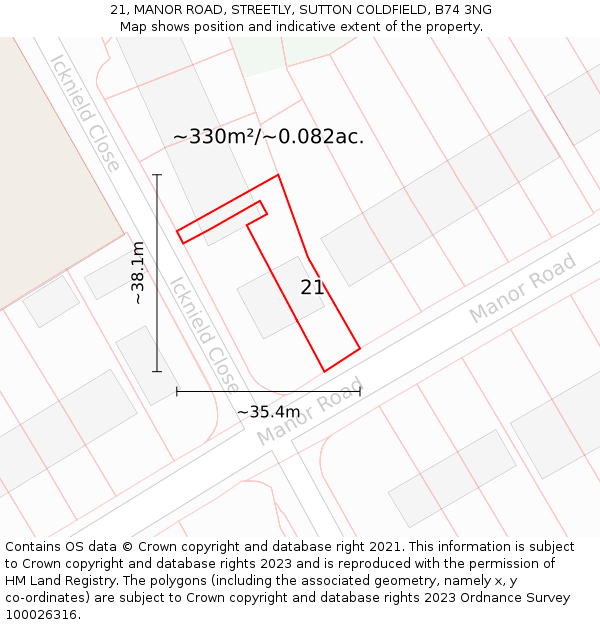 21, MANOR ROAD, STREETLY, SUTTON COLDFIELD, B74 3NG: Plot and title map