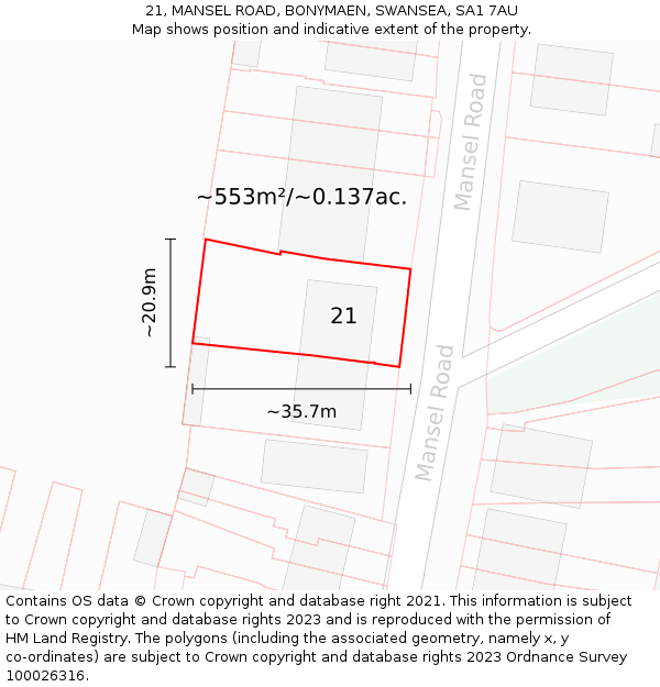 21, MANSEL ROAD, BONYMAEN, SWANSEA, SA1 7AU: Plot and title map