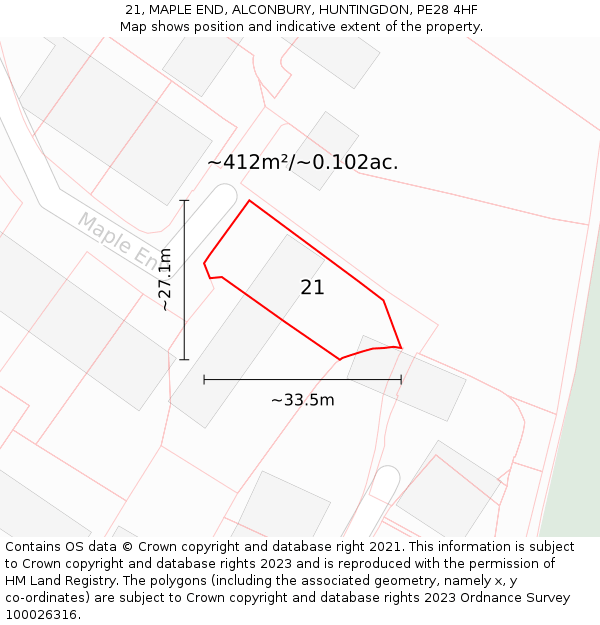 21, MAPLE END, ALCONBURY, HUNTINGDON, PE28 4HF: Plot and title map