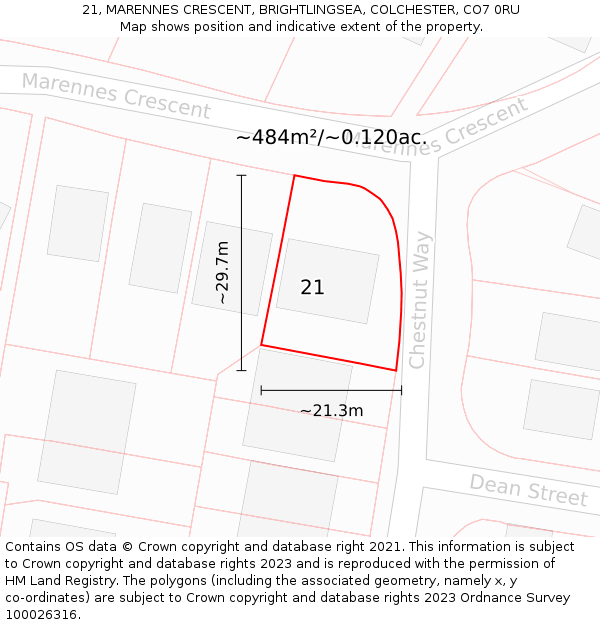 21, MARENNES CRESCENT, BRIGHTLINGSEA, COLCHESTER, CO7 0RU: Plot and title map